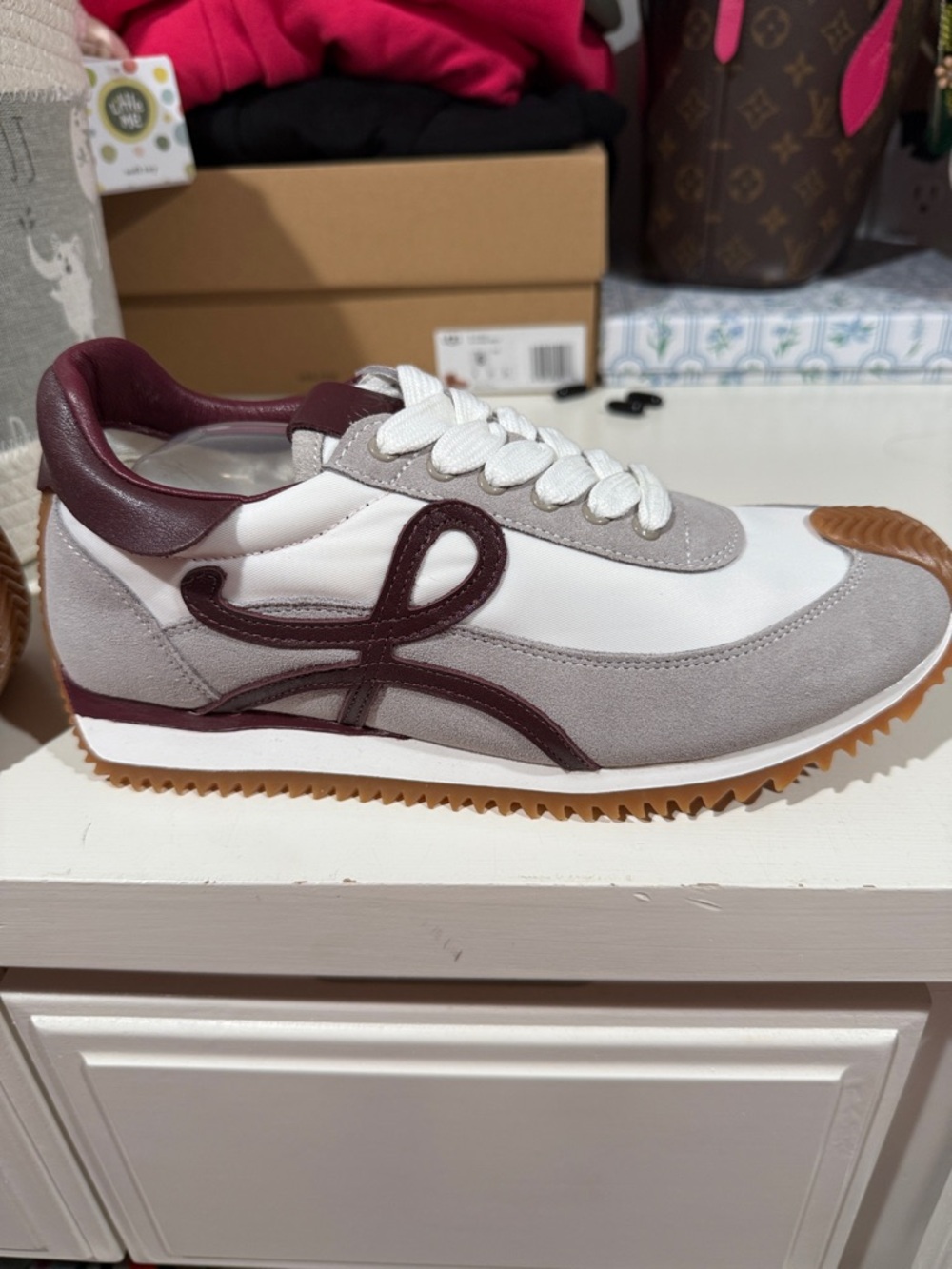 Loewe White, Light Gray & Burgundy Runner Sneakers